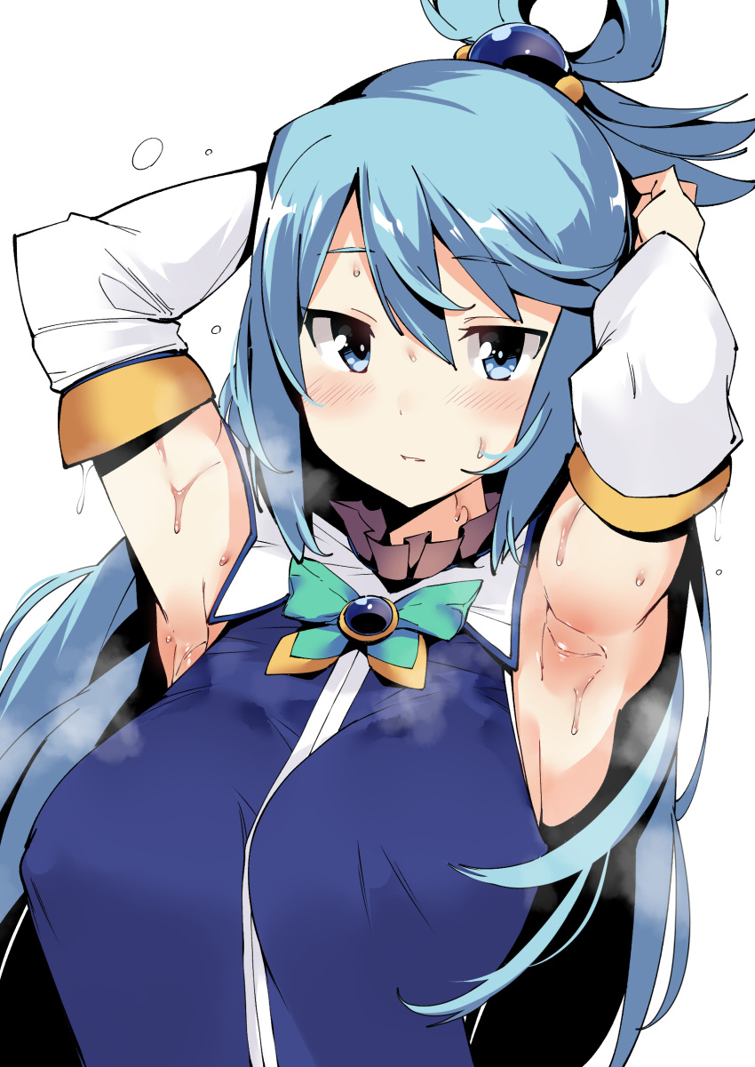 1girl absurdres aqua_(konosuba) armpits arms_up blue_eyes blue_hair blue_shirt breasts detached_sleeves expressionless highres kobo_(cobo_0609) kono_subarashii_sekai_ni_shukufuku_wo! large_breasts looking_at_viewer shirt simple_background sleeveless sleeveless_shirt solo steam steaming_body sweatdrop upper_body white_background