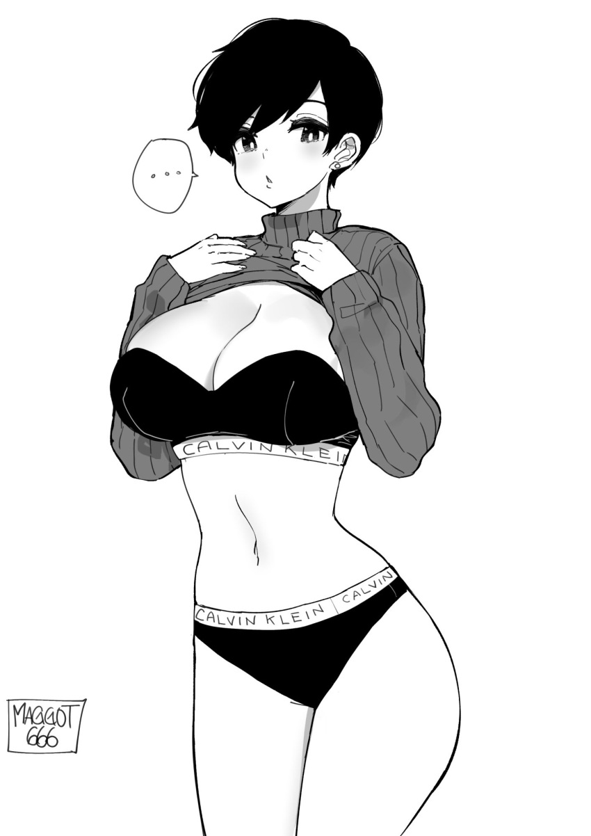 ... 1girl :o artist_name bangs black_hair blush bra breasts bright_pupils bustier casual cleavage clothes_lift cowboy_shot earrings greyscale hands_up highres jewelry large_breasts long_sleeves looking_at_viewer monochrome narrow_waist navel no_pants norman_maggot olive_laurentia original pixie_cut product_placement ribbed_sweater short_hair simple_background solo speech_bubble spoken_ellipsis strapless strapless_bra sweater sweater_lift swept_bangs turtleneck turtleneck_sweater underwear