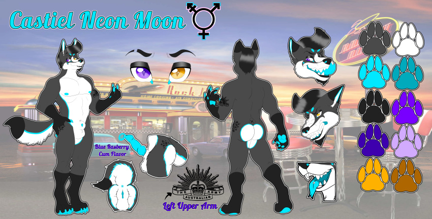 50s_attire absurd_res anthro athletic canid canine canis castielmoon forked_tongue herm heterochromia hi_res intersex male maleherm mammal pompadour references solo tongue trans_(lore) trans_man_(lore) wolf