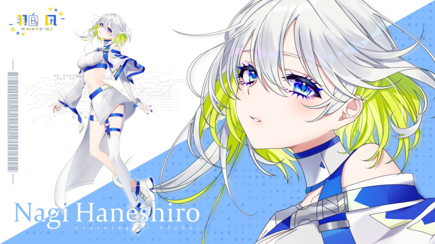 1girl asymmetrical_legwear blue_eyes breasts character_name colored_eyelashes crop_top full_body green_hair haneshiro_nagi highres indie_virtual_youtuber looking_at_viewer multicolored_hair neko-san_(dim.dream) official_art pale_skin shoes short_hair skirt solo virtual_youtuber white_hair