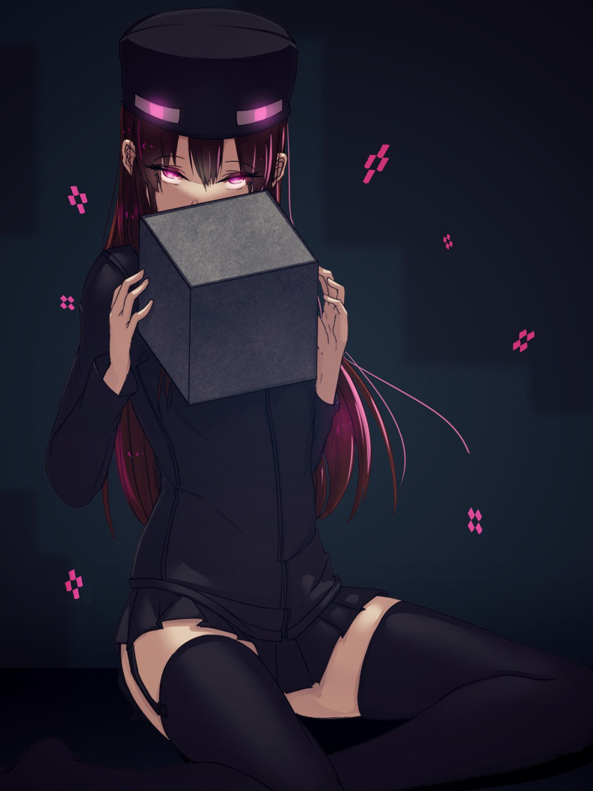 1girl ander_(at2.) at2. black_legwear block brown_hair enderman eyebrows_visible_through_hair garter_straps glowing glowing_eyes hat highres jacket long_hair looking_at_viewer minecraft personification purple_eyes simple_background skirt solo thighhighs zettai_ryouiki