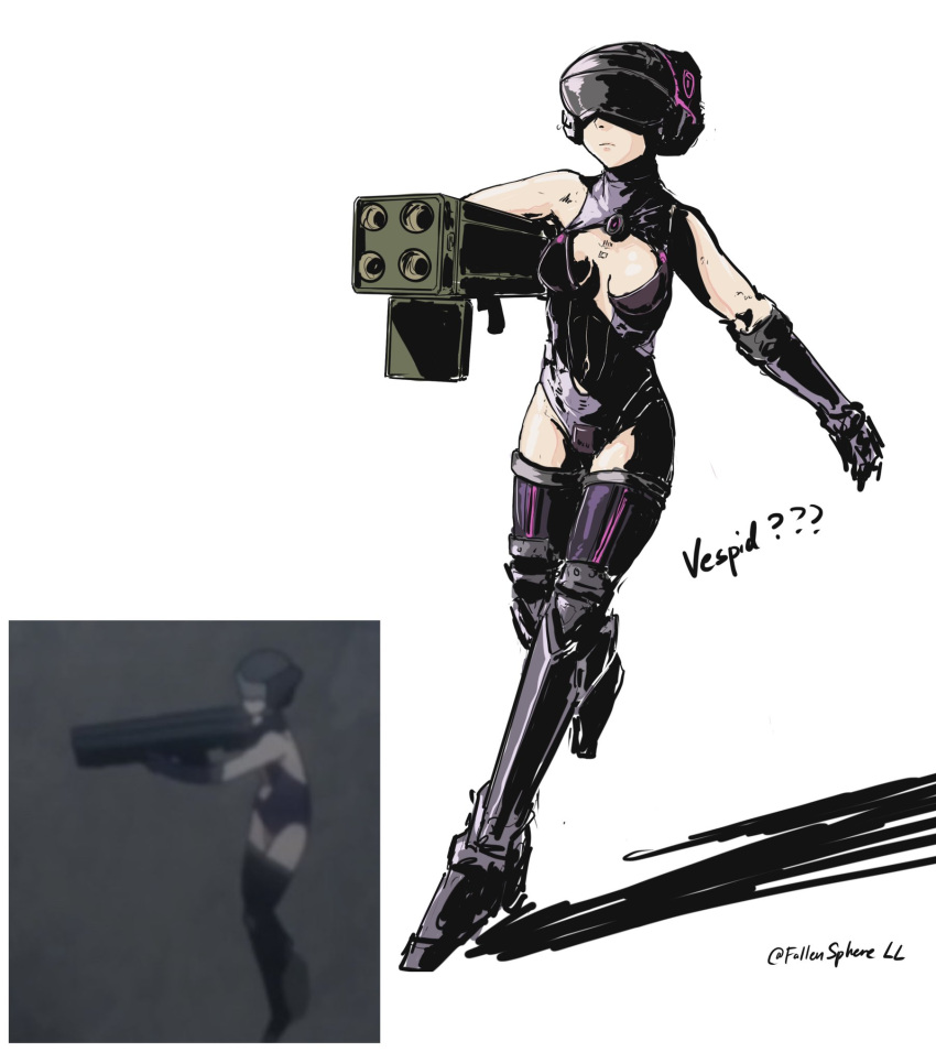 1girl character_name clothing_cutout cursed_m4a1 english_commentary fallenspherell girls'_frontline helmet highres holding holding_rocket_launcher holding_weapon m202 reference_inset rocket_launcher shadow shirt simple_background sketch sleeveless sleeveless_shirt solo twitter_username vespid_(girls'_frontline) weapon white_background