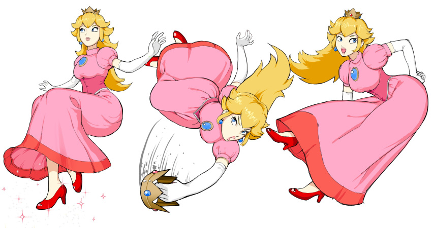 1girl blonde_hair blue_eyes breasts crown dress elbow_gloves giganticbuddha gloves high_heels highres long_dress long_hair mario_(series) medium_breasts pink_dress pink_lips princess_peach puffy_short_sleeves puffy_sleeves red_footwear short_sleeves sparkle super_mario_bros. super_smash_bros. white_gloves