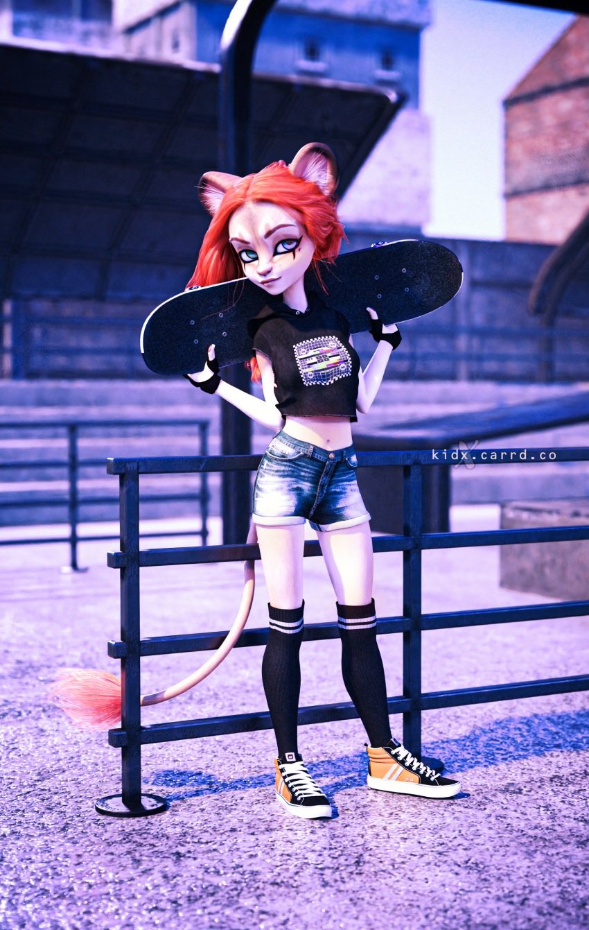 3d_(artwork) absurd_res ambiguous_gender anthro black_clothing black_eyebrows blue_eyes bottomwear bright_light brown_body brown_fur building closed_mouth clothed clothing concrete_floor crop_top cutoffs day dee_(geir) denim denim_clothing designer_clothes detailed_background digital_media_(artwork) ear_tuft eyebrows eyeliner felid female fingerless_gloves flat_chested footwear fur fur_markings geir gloves green_eyes hair handwear head_markings head_tilt heterochromia hi_res holding_object hotpants leaning leaning_back leaning_on_object legwear light light_body light_fur lion looking_at_viewer makeup mammal markings multicolored_body multicolored_fur navel orange_hair outside panthera pantherine pattern_clothing pattern_legwear pattern_socks pole pose railing ramp shirt shirt_logo shoes shorts skate_park skateboard sky smile sneakers socks solo standing sunlight tail_tuft tan_body tan_fur thigh_highs thigh_socks topwear tuft vans website_logo worn_clothing young