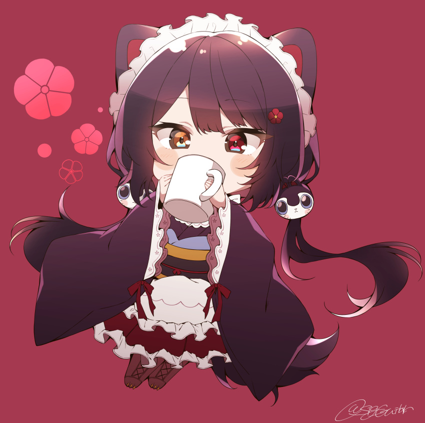 1girl absurdres animal_ears apron brown_eyes brown_hair brown_kimono chibi cup dog_ears dog_girl dog_hair_ornament flower hair_flower hair_ornament heterochromia highres holding holding_cup inui_toko japanese_clothes kimono long_hair low_twintails maid_apron mug nijisanji red_background red_eyes red_hair shigure_(sigre) solo twintails twitter_username virtual_youtuber wa_maid