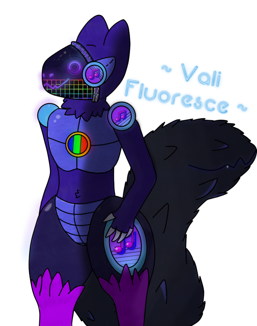 ambiguous_gender anthro belly_tuft big_tail claws fangs fluffy fluffy_tail glowing hi_res lights machine musical_note neck_tuft protogen rgb robot screen slim smile solo synthwave tail_mouth thick_thighs tuft unusual_anatomy unusual_tail vali_fluoresce vecti_doptera visor