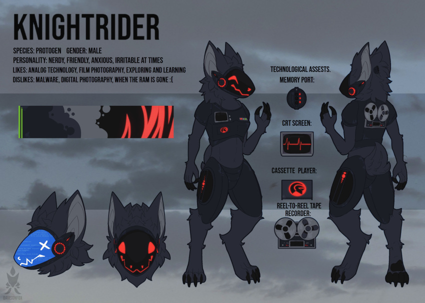 anthro black_body black_fur cassette_player damsonfox electronics fur hi_res knightrider machine male model_sheet protogen red_eyes reel-to-reel_recorder scut_tail short_tail solo