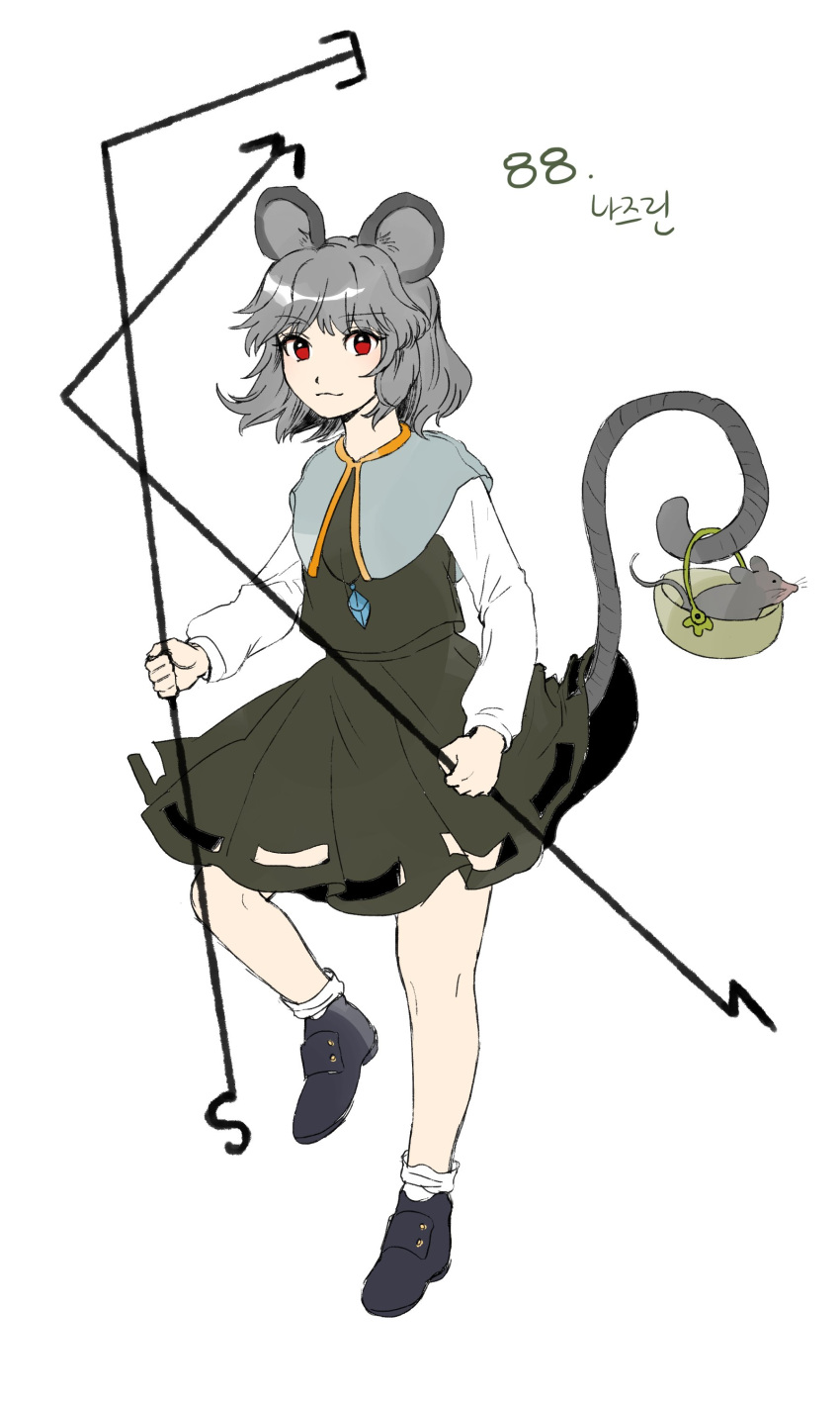 1girl absurdres animal_ears bangs basket capelet closed_mouth commentary_request crystal derivative_work dowsing_rod full_body grey_capelet grey_footwear grey_hair grey_skirt grey_tail grey_vest highres jewelry korean_commentary kuya_(hey36253625) long_sleeves mouse mouse_ears mouse_girl mouse_tail nazrin pendant red_eyes shirt shoes short_hair simple_background skirt skirt_set socks standing tail touhou translation_request undefined_fantastic_object vest white_background white_legwear white_shirt