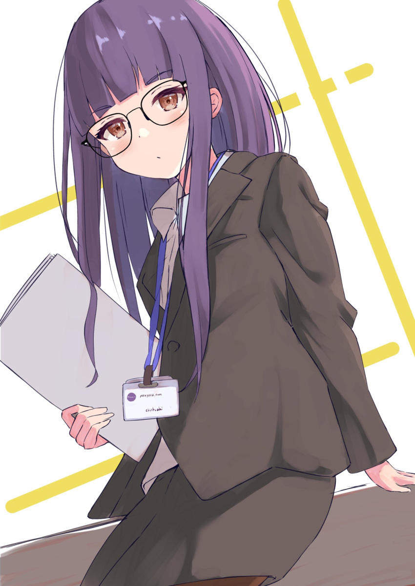 1girl alternate_hairstyle black_skirt black_suit blush brown_eyes collared_shirt commentary_request file112056 glasses highres holding holding_paper lanyard long_hair looking_at_viewer office_lady oogaki_chiaki paper purple_hair shirt skirt solo white_shirt yurucamp