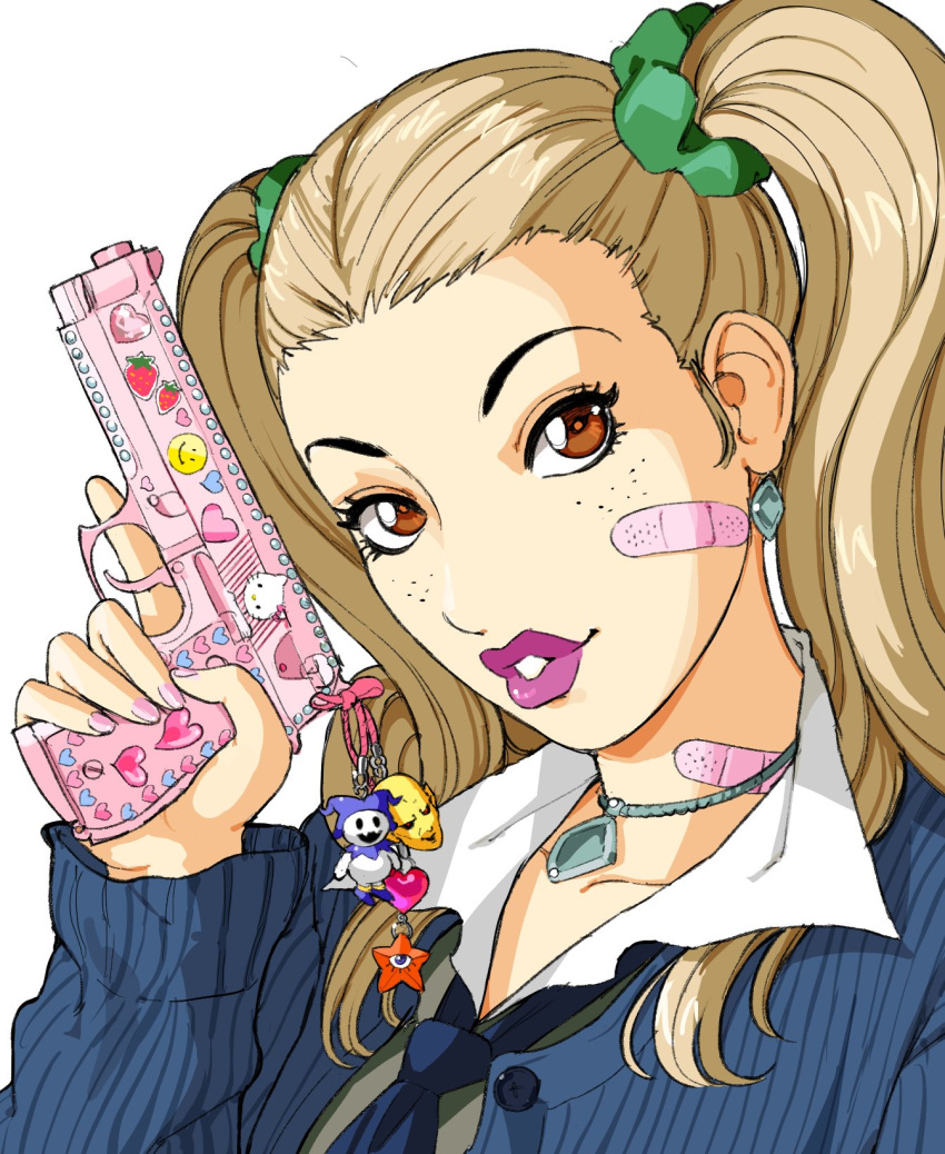 1girl ayase_yuka bandaid bandaid_on_face blonde_hair brown_eyes charm_(object) choker crystal_earrings earrings eyelashes freckles giganticbuddha gun hair_ornament hair_scrunchie handgun hello_kitty hello_kitty_(character) highres jewelry makeup mascara parted_lips persona persona_1 pistol portrait purple_lips school_uniform scrunchie solo sticker trigger_discipline twintails weapon