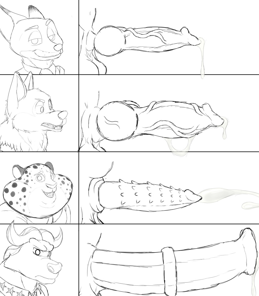 absurd_res anthro benjamin_clawhauser big_penis black_and_white bodily_fluids bovid bovine canid canine canis cape_buffalo cheetah chief_bogo cum cum_drip cumshot disney dripping ejaculation felid feline fox gary_(zootopia) genital_fluids genitals group hi_res line_art male mammal monochrome nick_wilde penis penis_size_chart sir_cums_a_lot vein veiny_penis wolf zootopia