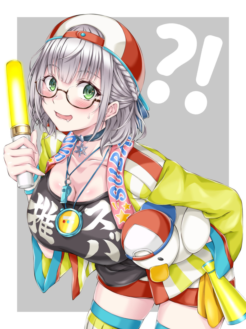 !? 1girl backwards_hat bangs baseball_cap blue_choker blush braid breasts choker clothes_writing cosplay cowboy_shot eyebrows_visible_through_hair glasses green_eyes hat highres holding holding_glowstick holding_stuffed_toy hololive jacket large_breasts leaning_forward long_hair long_sleeves medium_hair oozora_subaru oozora_subaru_(cosplay) open_clothes open_jacket open_mouth orendji shirogane_noel short_shorts shorts silver_hair simple_background solo stopwatch_around_neck stuffed_animal stuffed_duck stuffed_toy subaru_duck thighhighs virtual_youtuber whistle whistle_around_neck