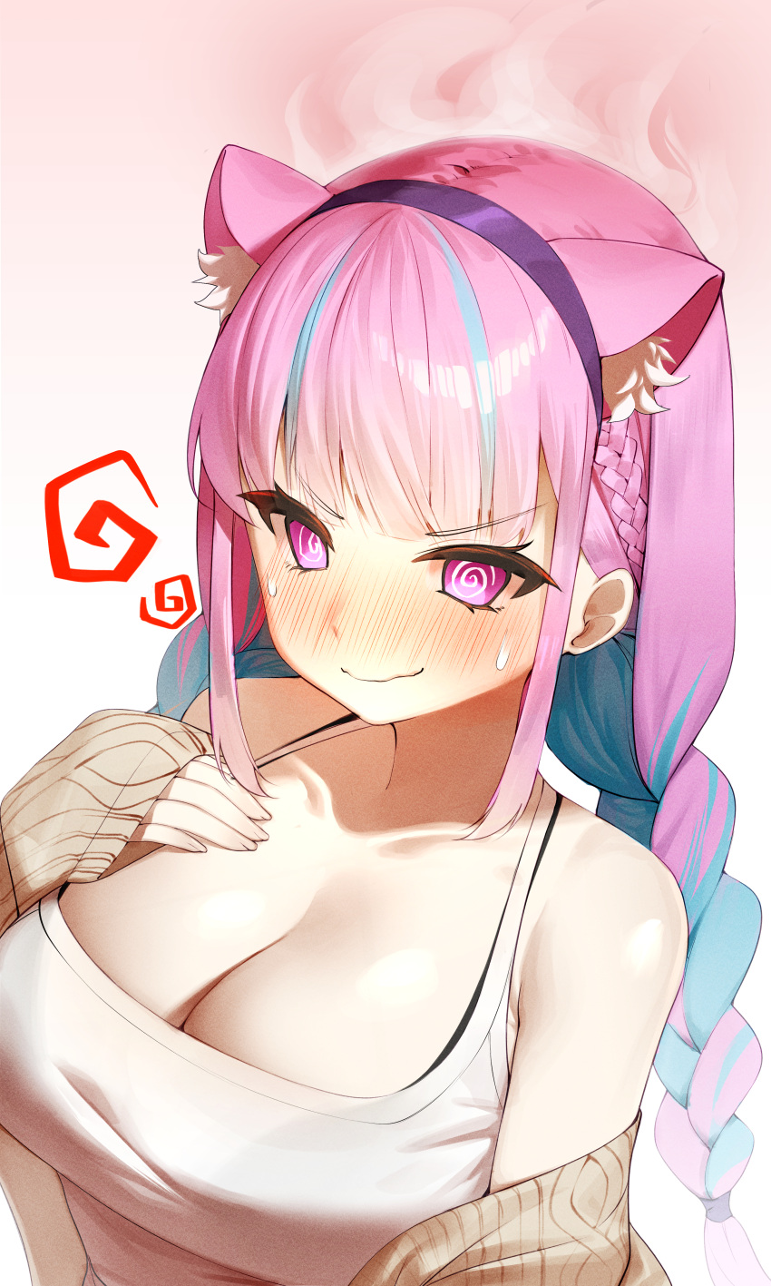1girl @_@ absurdres animal_ear_fluff animal_ears bare_shoulders beige_sweater blue_hair blush bra bra_peek braid breasts cat_ears cleavage closed_mouth collarbone french_braid full-face_blush gradient gradient_background hairband hand_on_own_chest highres hololive large_breasts long_hair looking_at_viewer minato_aqua multicolored_hair off_shoulder pink_eyes pink_hair purple_hairband sbgu smile solo streaked_hair sweatdrop tank_top twin_braids two-tone_hair underwear upper_body virtual_youtuber wavy_mouth white_tank_top