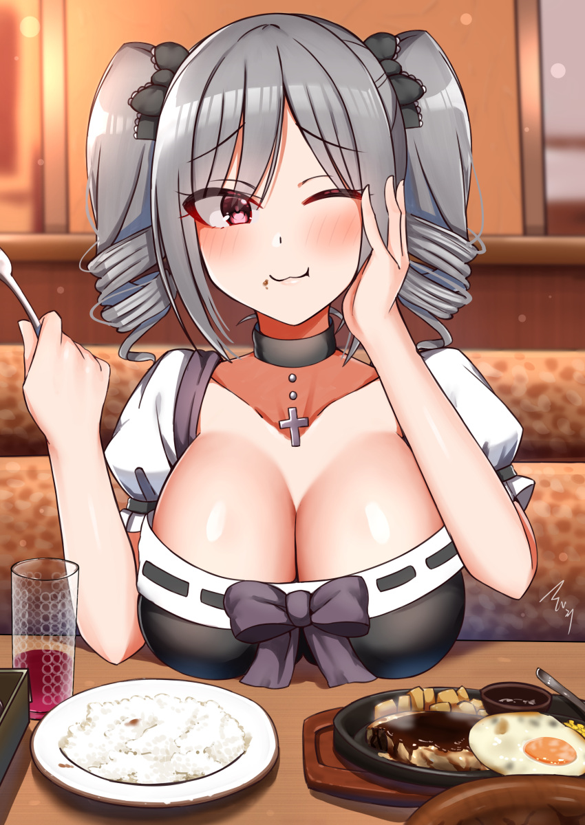 1girl :3 absurdres black_bow black_choker black_dress blush booth_seating bow breast_rest breasts breasts_on_table choker cleavage commentary_request cross cross_choker cup dress drill_hair drinking_glass eating elbows_on_table food food_on_face fork grey_hair hair_bow highres holding holding_fork idolmaster idolmaster_cinderella_girls kanzaki_ranko large_breasts looking_at_viewer mabanna meal one_eye_closed pov_across_table pov_dating purple_eyes restaurant saizeriya short_hair short_sleeves short_twintails signature solo twin_drills twintails