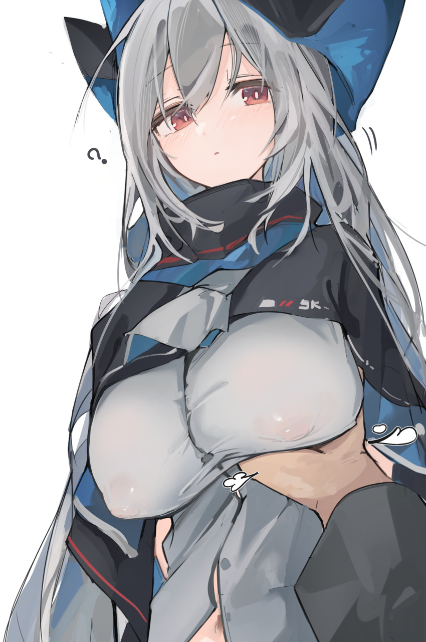 1boy 1girl ? arknights ascot bangs blush breast_grab breasts covered_nipples grabbing grey_ascot grey_hair grey_shirt hair_between_eyes hat hetero highres large_breasts looking_at_viewer mikojin nipples no_bra partially_unbuttoned pov pov_hands red_eyes shirt simple_background skadi_(arknights) upper_body white_background