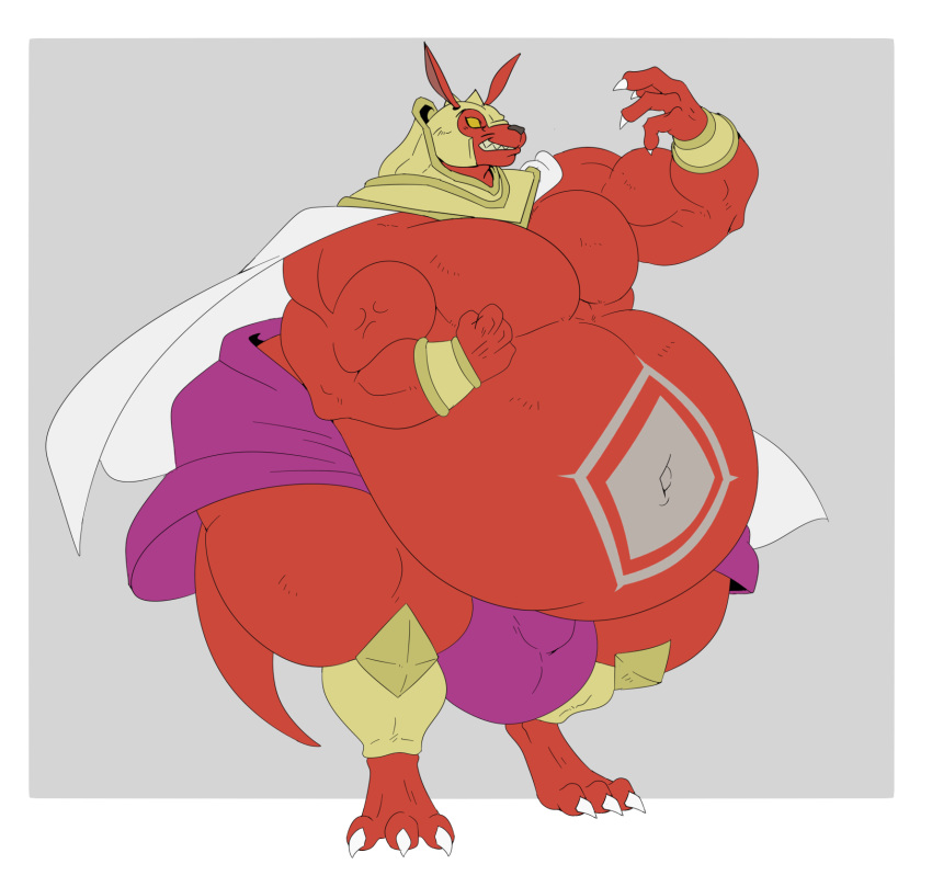 2022 3_toes 4_fingers a-side anthro armor belly belly_tattoo big_belly bottomwear bulge cape claws clenched_teeth clothing cross-popping_vein cuff_(restraint) feet fingers fist fur headgear helmet hi_res illfang_the_kobold_lord knee_pads kobold loincloth male musclegut muscular muscular_anthro muscular_male obese obese_anthro obese_male overweight overweight_anthro overweight_male pose purple_clothing red_body red_fur restraints smile solo standing sword_art_online tattoo teeth thong toes underwear wrist_cuffs