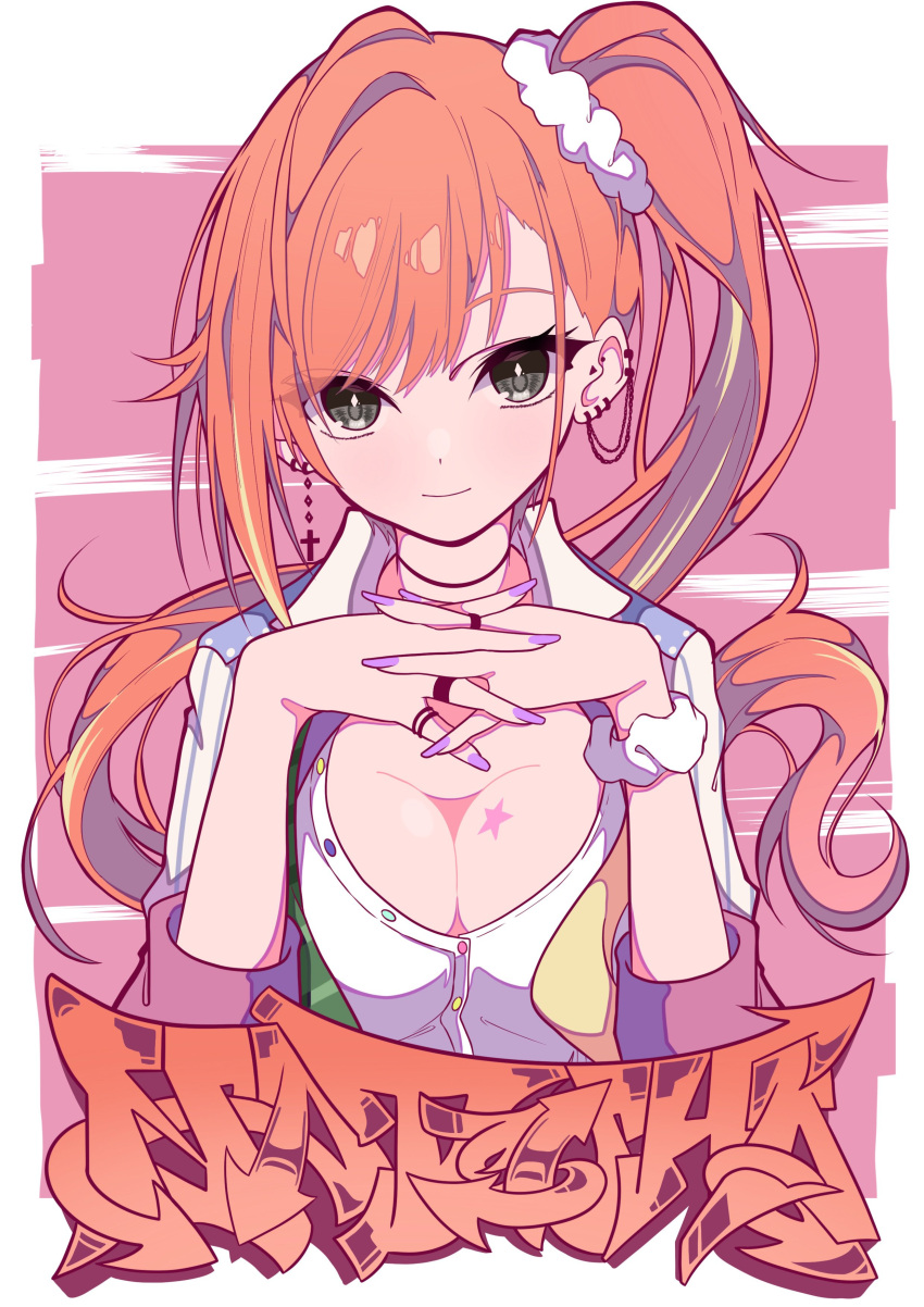 1girl absurdres arisugawa_natsuha bangs black_eyes breasts cleavage ear_piercing earrings fingers_together hair_between_eyes highres idolmaster idolmaster_shiny_colors jewelry large_breasts long_hair looking_at_viewer nail_polish open_clothes open_shirt orange_hair piercing pink_background ponytail purple_nails ring scrunchie shirt side_ponytail simple_background smile solo soushitsuchang upper_body white_shirt