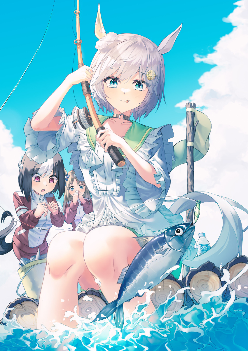 3girls absurdres alternate_hair_color animal_ears blue_eyes bottle brown_hair bucket choker cloud covering_mouth fish fishing fishing_rod gasp grass_wonder_(umamusume) green_footwear grey_hair hair_ornament hairclip highres holding holding_fishing_rod horse_ears horse_girl horse_tail jacket multicolored_hair multiple_girls outdoors pants raft red_eyes red_jacket red_pants seiun_sky_(umamusume) shirt shirune short_hair sitting soaking_feet solo_focus special_week_(umamusume) standing tail tongue tongue_out track_jacket two-tone_hair umamusume water water_bottle white_shirt