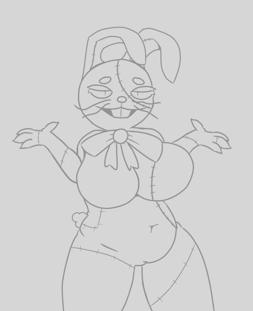 anthro big_breasts bow_ribbon breasts clothing costume digital_media_(artwork) female five_nights_at_freddy's hair hi_res humanoid lagomorph leporid mammal phant0mhat rabbit scottgames simple_background slightly_chubby smile solo stitch_(sewing) tight_clothing vanny_(fnaf) video_games