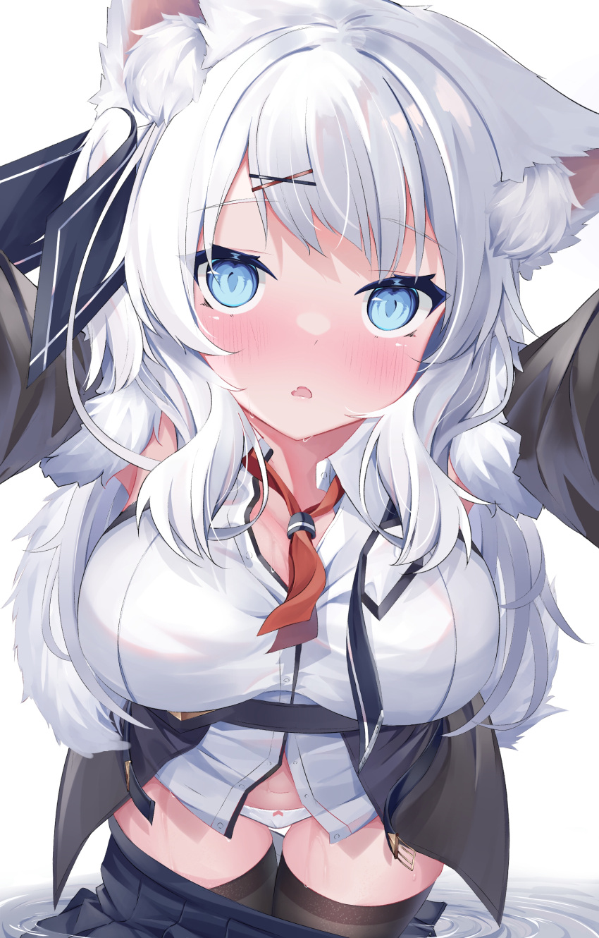 1girl absurdres animal_ear_fluff animal_ears bangs blue_eyes blue_skirt blush breasts clothes_pull collared_shirt eyebrows_visible_through_hair fur_trim hair_ornament highres incoming_hug konotuki large_breasts leaning_forward long_hair looking_at_viewer neckerchief original outstretched_arms panties parted_lips partially_unbuttoned red_neckerchief shirt simple_background skirt skirt_pull solo tail thighhighs underwear water wet white_background white_hair white_panties white_shirt x_hair_ornament
