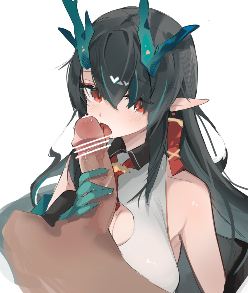 1boy 1girl alternate_breast_size arknights arm_tattoo bar_censor black_collar black_hair blush breasts censored china_dress chinese_clothes cleavage collar colored_skin cropped_torso dragon_horns dress dusk_(arknights) ear_piercing erection fellatio green_hair green_skin hair_between_eyes heart hetero highres horns large_breasts licking licking_penis long_hair looking_at_viewer mikojin multicolored_hair necktie oral penis penis_grab piercing pointy_ears red_eyes red_necktie saliva simple_background sleeveless sleeveless_dress solo_focus streaked_hair tattoo white_background white_dress