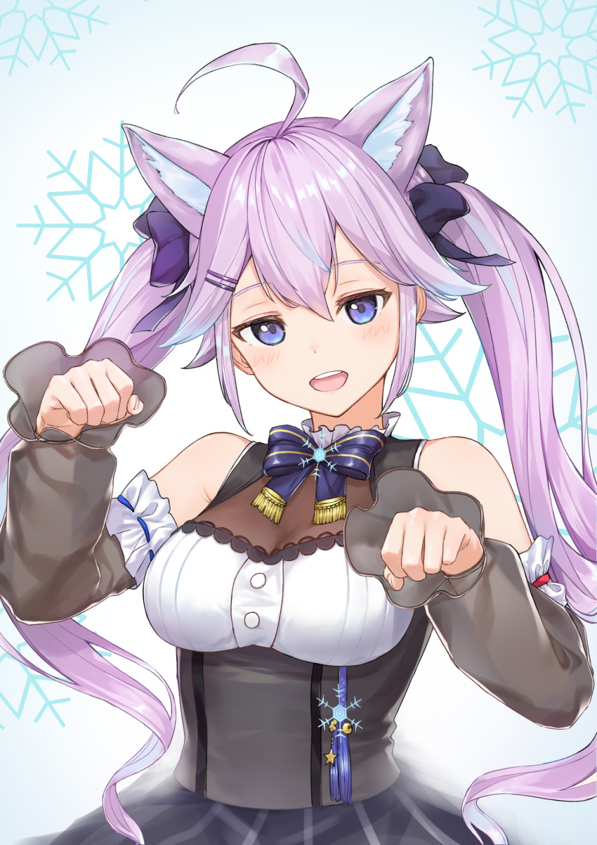 1girl ahoge animal_ear_fluff animal_ears bare_shoulders black_sleeves blue_eyes bow breasts cat_ears cat_girl cleavage clenched_hand commentary curled_fingers detached_sleeves extra_ears eyebrows_visible_through_hair frilled_sleeves frills hair_between_eyes hair_ornament hair_ribbon highres long_sleeves looking_at_viewer medium_breasts multicolored_hair nijisanji nijisanji_kr nun_bora open_mouth paw_pose pleated_skirt purple_eyes purple_hair ribbon shiny shiny_hair sidelocks simple_background skirt snowflakes solo streaked_hair teeth twintails two-tone_hair upper_body upper_teeth white_background white_hair yuu_maraa