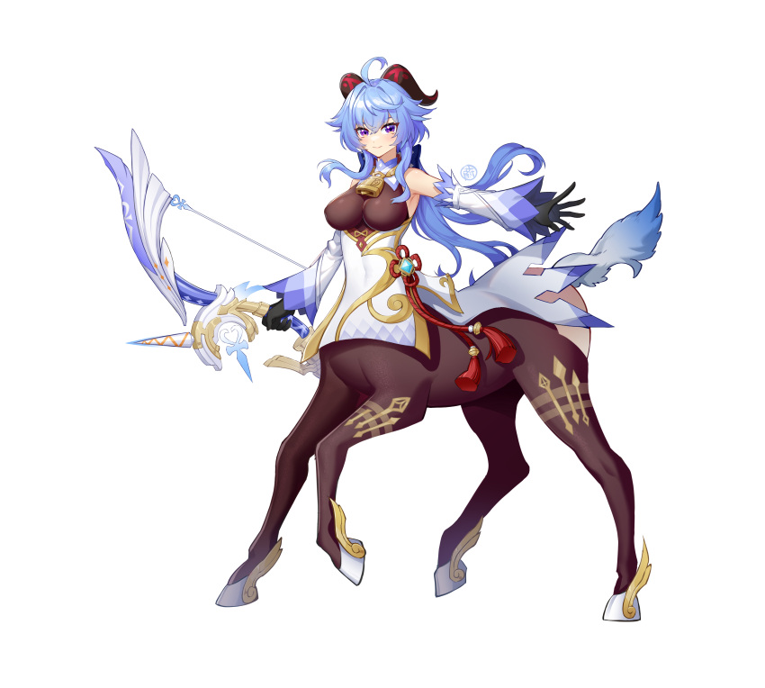 1girl absurdres ahoge bangs bare_shoulders bell blue_hair bodice bodystocking bow_(weapon) breasts centaur chinese_commentary chinese_knot closed_mouth commentary_request cowbell curled_horns detached_sleeves eyebrows_visible_through_hair flower_knot full_body ganyu_(genshin_impact) genshin_impact gloves goat_horns gold_trim hair_between_eyes highres holding holding_bow_(weapon) holding_weapon horns horse_tail long_hair looking_at_viewer low_ponytail medium_breasts mikewei monster_girl monsterification multiple_legs neck_bell orb outstretched_arm purple_eyes sidelocks simple_background smile solo standing standing_on_three_legs tail tassel taur vision_(genshin_impact) waist_cape weapon white_background white_sleeves