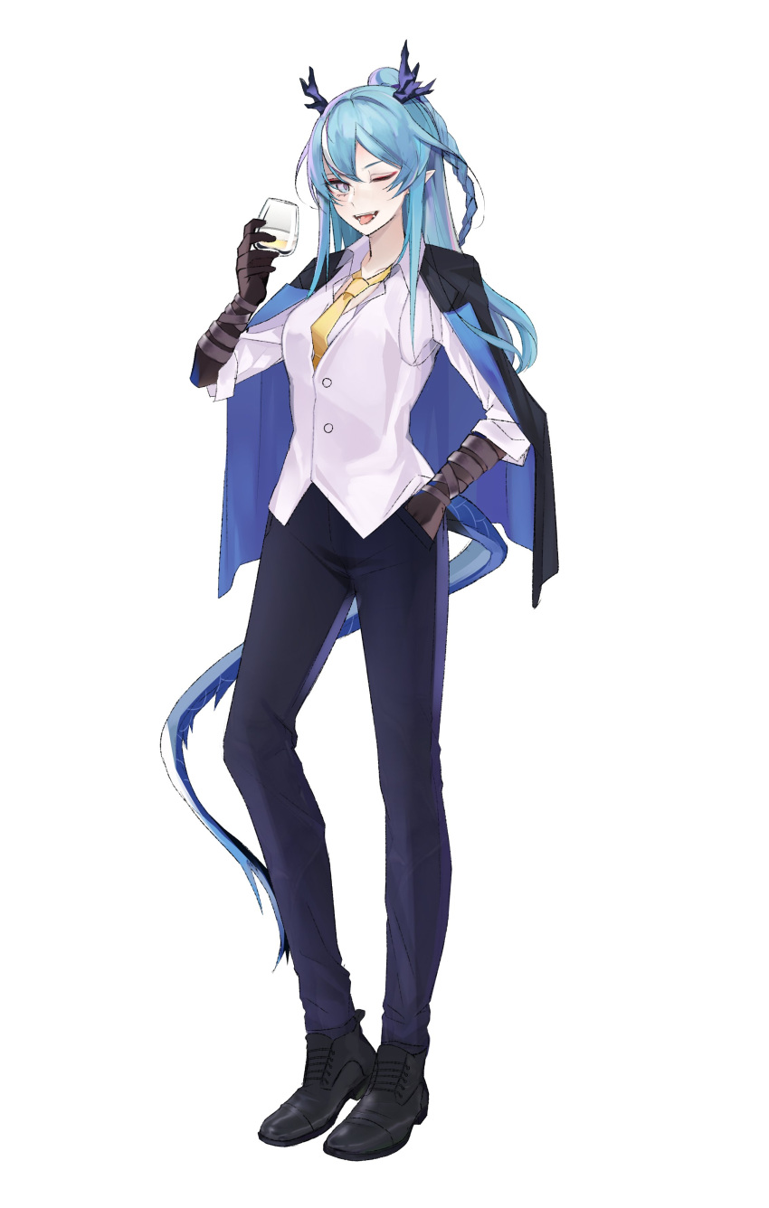1girl ;d absurdres alternate_costume arknights arm_tattoo black_capelet black_footwear black_skin blue_eyes blue_hair blue_pants braid capelet collared_shirt colored_skin cup dragon_girl dragon_horns dragon_tail dress_pants dress_shirt drinking_glass formal hand_in_pocket highres holding holding_cup horns ling_(arknights) long_hair looking_at_viewer multicolored_hair necktie one_eye_closed open_mouth pants pointy_ears sewally2 shirt shoes simple_background smile solo standing streaked_hair tail tattoo white_background white_hair white_shirt wine_glass yellow_necktie