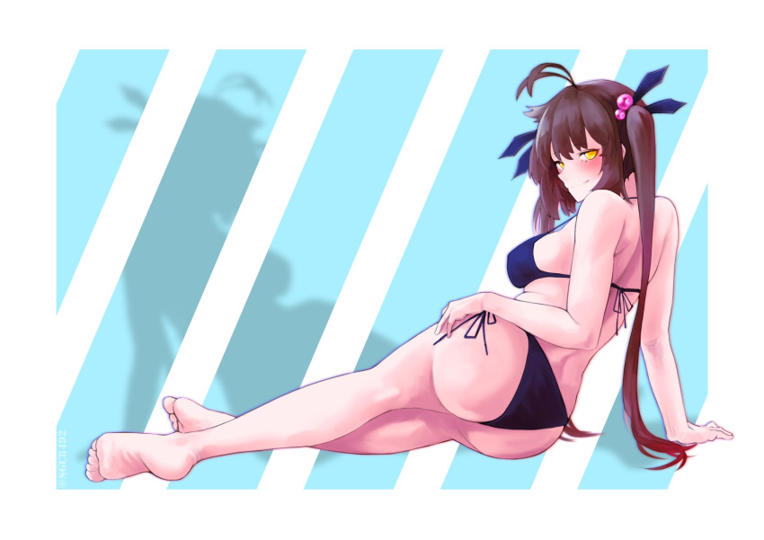 1girl ass bangs bare_legs barefoot bikini blue_bikini blue_swimsuit blush breasts brown_hair closed_mouth commission eyebrows_visible_through_hair full_body girls'_frontline hair_ribbon hand_on_floor hand_on_thigh highres legs long_hair looking_at_viewer looking_to_the_side lying m14_(girls'_frontline) medium_breasts on_side pixiv_request ribbon sideboob simple_background smile soles solo sugac swimsuit thighs twintails yellow_eyes
