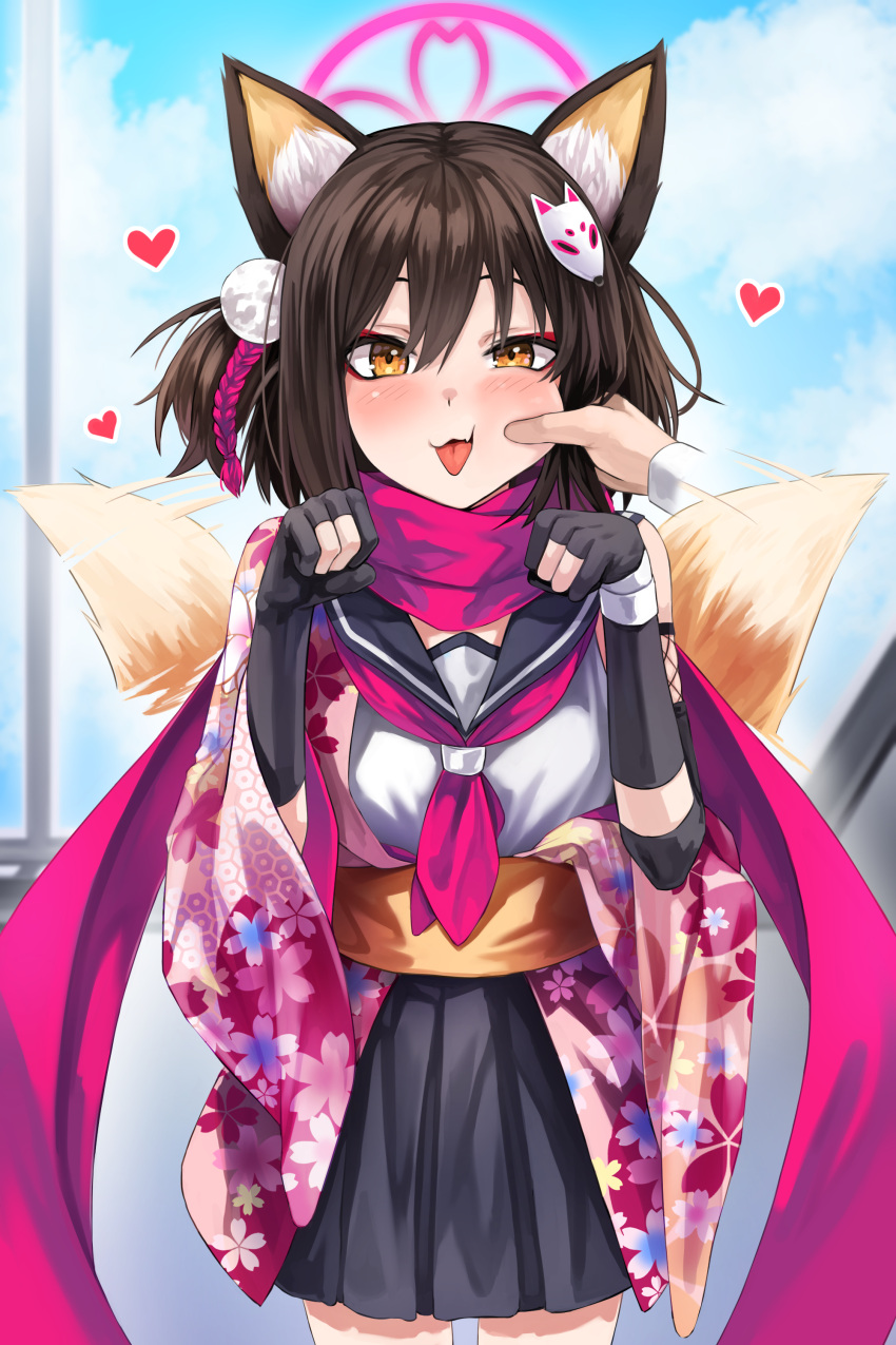 1girl absurdres animal_ears bangs blue_archive blush brown_eyes brown_hair cheek_pull cloud disembodied_limb fang floral_print fox_ears fox_girl fox_tail gloves hair_between_eyes hair_ornament heart highres izuna_(blue_archive) japanese_clothes ldl_(bcw1025) neckerchief one_side_up partially_fingerless_gloves paw_pose pink_neckerchief sailor_collar school_uniform serafuku short_hair sky solo_focus tail tail_wagging tongue tongue_out window