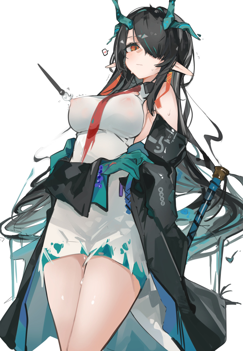 1girl arknights bead_bracelet beads black_coat black_hair blue_skin bracelet breasts china_dress chinese_clothes coat colored_skin covered_nipples cowboy_shot dragon_horns dress dusk_(arknights) hair_over_one_eye highres horns jewelry large_breasts long_hair looking_at_viewer mikojin necktie nipples off_shoulder open_clothes open_coat paintbrush pointy_ears pussy_juice red_eyes red_necktie see-through simple_background sleeveless sleeveless_dress solo tickling white_background white_dress