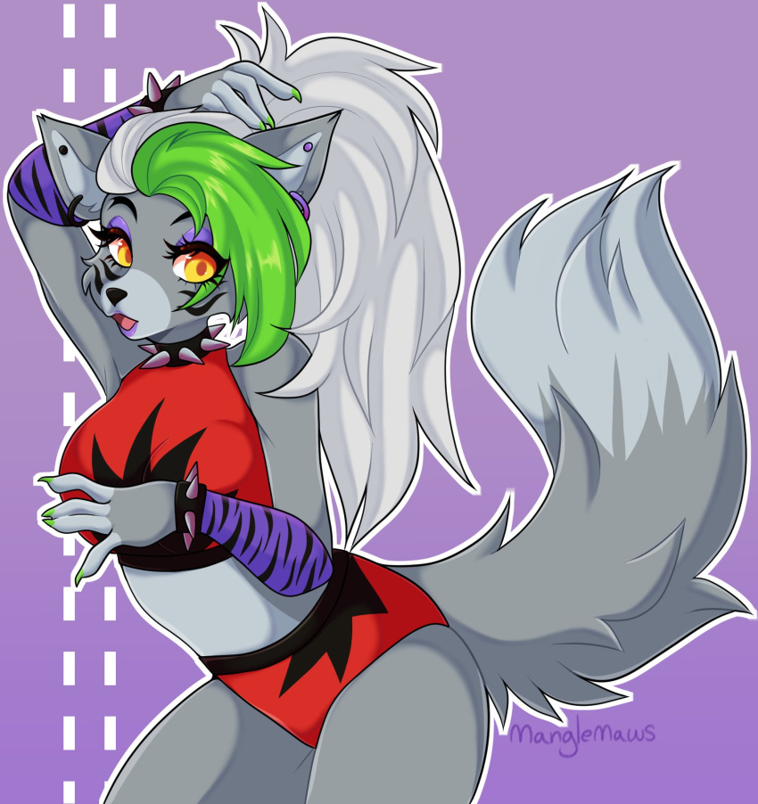 animatronic anthro arm_warmers armwear black_nose bottomwear bracelet canid canine canis claws clothed clothing collar crop_top ear_piercing eyeshadow facial_markings female five_nights_at_freddy's five_nights_at_freddy's:_security_breach fluffy fluffy_tail fur green_claws green_hair grey_body grey_fur hair head_markings hi_res holding_hair hotpants jewelry lipstick machine makeup mammal manglemaws markings piercing purple_eyeshadow robot roxanne_wolf_(fnaf) scottgames shirt shorts simple_background solo spiked_bracelet spiked_collar spikes topwear touching_hair two_piece video_games white_hair wolf yellow_eyes