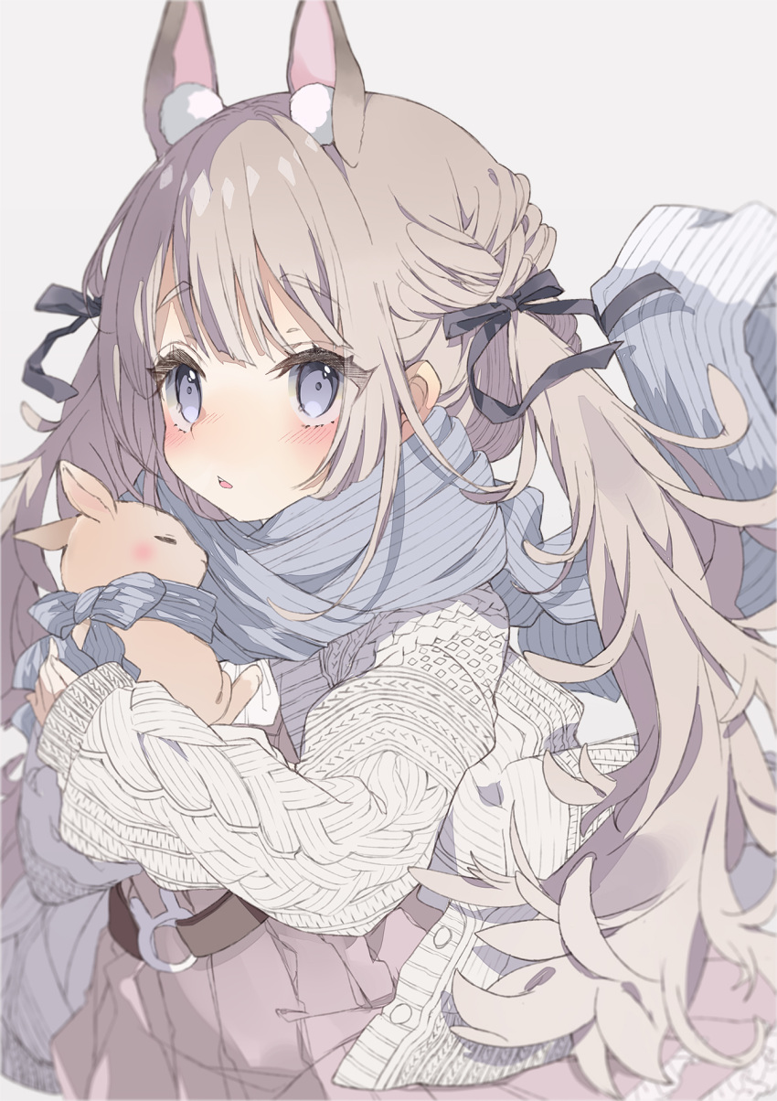 1girl animal animal_ear_fluff animal_ears bangs black_bow blue_scarf blush bow braid brown_hair brown_skirt bunny commentary_request eyebrows_visible_through_hair grey_background hair_bow highres jacket long_hair long_sleeves original parted_lips pleated_skirt puffy_long_sleeves puffy_sleeves rabbit_ears scarf simple_background skirt sleeves_past_wrists solo thick_eyebrows toma_tokage twintails very_long_hair white_jacket