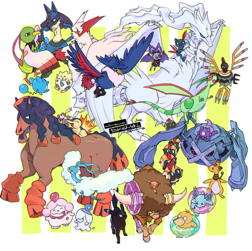 :d ^_^ altaria ampharos bird black_eyes black_sclera border bouffalant claws closed_eyes colored_sclera commentary_request copyright_name cuddling cyndaquil falinks fang flygon flying highres honchkrow kubfu litwick looking_back lucario marill metagross mudsdale nidorina no_humans noibat open_mouth pokemon pokemon_(creature) psyduck red_eyes reshiram riding riding_pokemon sigilyph slurpuff smile sneasel sweatdrop t1ger_spuma togepi toxel trapinch umbreon white_border white_fur xatu yellow_fur zangoose