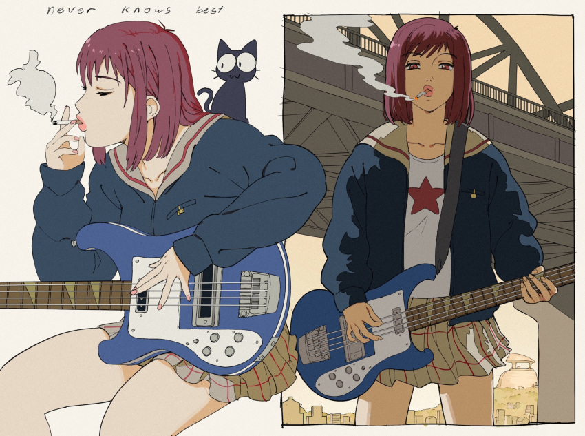 1girl animal_on_shoulder bangs blue_jacket bridge cat cat_on_shoulder cigarette closed_eyes collarbone electric_guitar english_text flcl giganticbuddha guitar highres instrument jacket medium_hair miniskirt nirvana_(band) parody pink_nails red_eyes red_hair sailor_collar samejima_mamimi skirt smoke smoking takkun_(flcl)