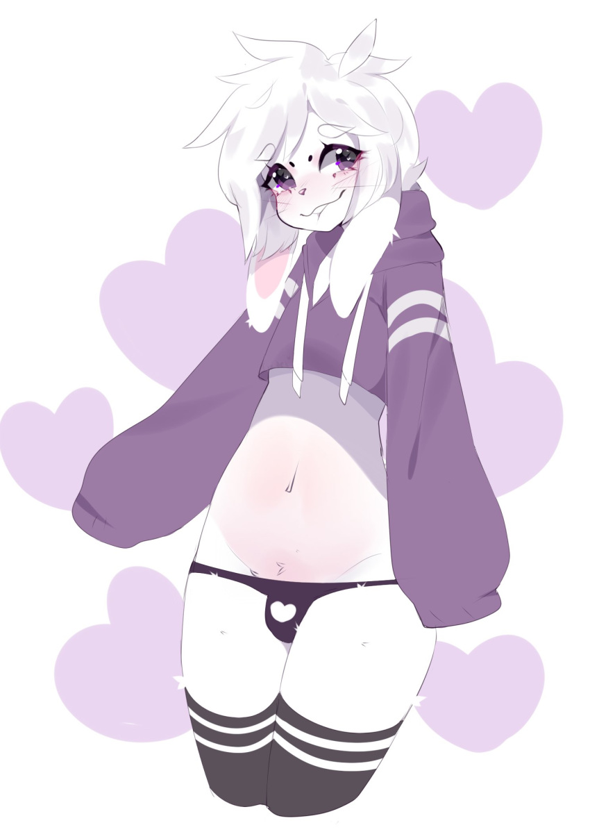 &lt;3 2019 anthro bite biting_lip bulge clothing crop_hoodie digital_media_(artwork) ears_down floppy_ears fredek666 fur fzst girly hair hi_res hoodie lagomorph legwear leporid long_sleeves looking_at_viewer male mammal midriff oversized_sleeves panties pink_inner_ear pivoted_ears portrait purple_eyes rabbit shaded simple_background solo standing thigh_highs three-quarter_portrait topwear underwear whiskers white_body white_fur white_hair