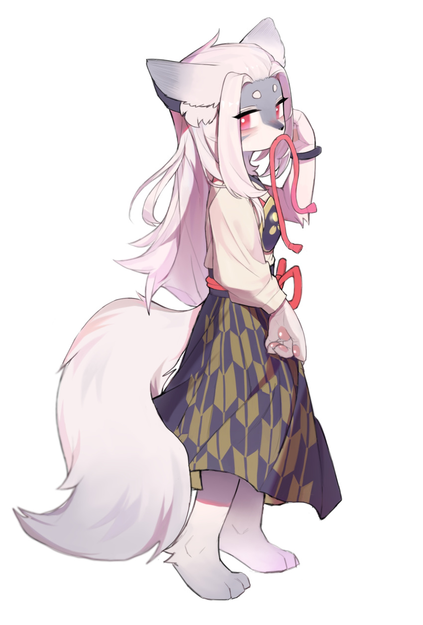 absurd_res anthro asian_clothing canid canine canis clothing crayon1006 east_asian_clothing female fur hakuro_(onmyoji) hi_res japanese_clothing kimono looking_at_viewer mammal pawpads red_eyes solo white_body white_fur wolf