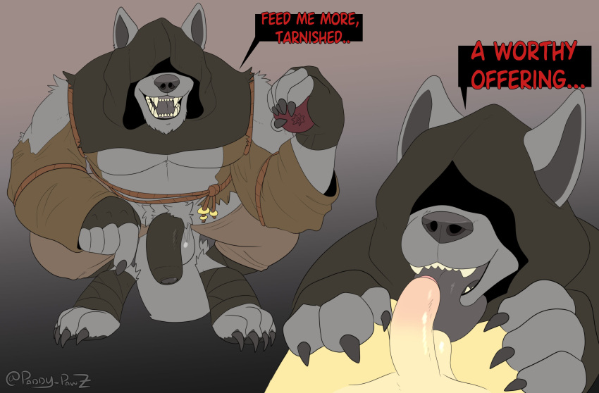 absurd_res anthro balls canid canine duo elden_ring flaccid foreskin fromsoftware genitals gurranq_(elden_ring) hi_res male male/male mammal penis spurr tongue tongue_out video_games