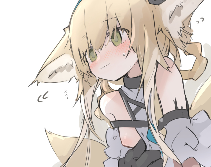 1girl animal_ears arknights bare_shoulders black_gloves blonde_hair blue_hairband blush braid breasts clothing_aside dress dress_aside earpiece eyebrows_visible_through_hair flying_sweatdrops fox_ears fox_tail gloves green_eyes hairband inverted_nipples kitsune long_hair mikojin multiple_tails one_breast_out oripathy_lesion_(arknights) sidelocks simple_background small_breasts solo suzuran_(arknights) tail white_background white_dress