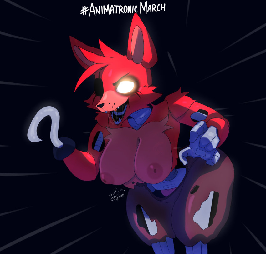 absurd_res animatronic anthro big_breasts breasts canid canine crossgender cute_fangs digital_media_(artwork) ear_piercing exposed_endoskeleton eye_patch eyewear female fingers five_nights_at_freddy's fox foxy_(fnaf) fur glowing glowing_eyes hair head_tuft hi_res hook hook_hand jaynatorburudragon leaning leaning_forward machine mammal mtf_crossgender nipples no_pupils nude open_mouth piercing portrait red_body red_fur robot scottgames sharp_teeth signature simple_background smiles solo teeth thick_thighs three-quarter_portrait tuft video_games