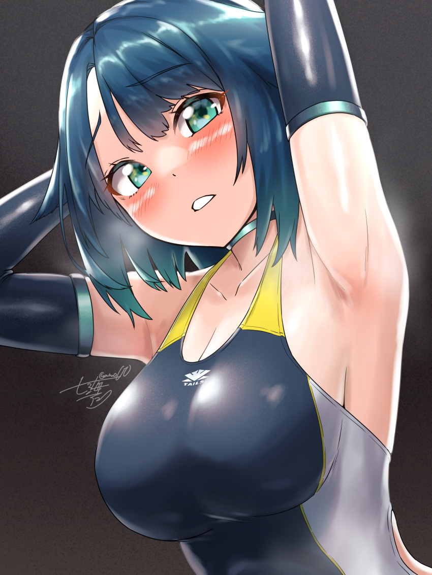 1girl armpits black_background black_gloves black_legwear black_swimsuit blue_hair blush breasts cleavage clenched_teeth collarbone commentary_request competition_swimsuit elbow_gloves embarrassed eyebrows_visible_through_hair fukami_nana gloves green_eyes hair_flaps highres large_breasts looking_at_viewer nawoto_oota one-piece_swimsuit open_mouth original presenting_armpit short_hair signature simple_background solo swimsuit teeth upper_body