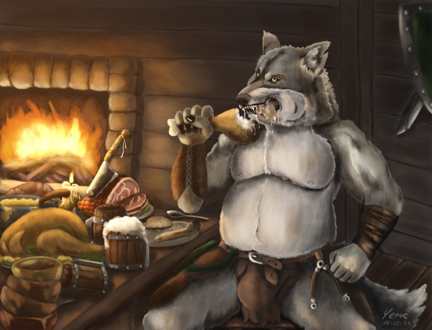 alcohol anthro armor barbarian belly beverage bodily_fluids canid canine canis eating eating_food feast fire food hi_res leather leather_armor male male/male mammal meat saliva solo viking wall_(structure) wolf wood_wall yenocwolf