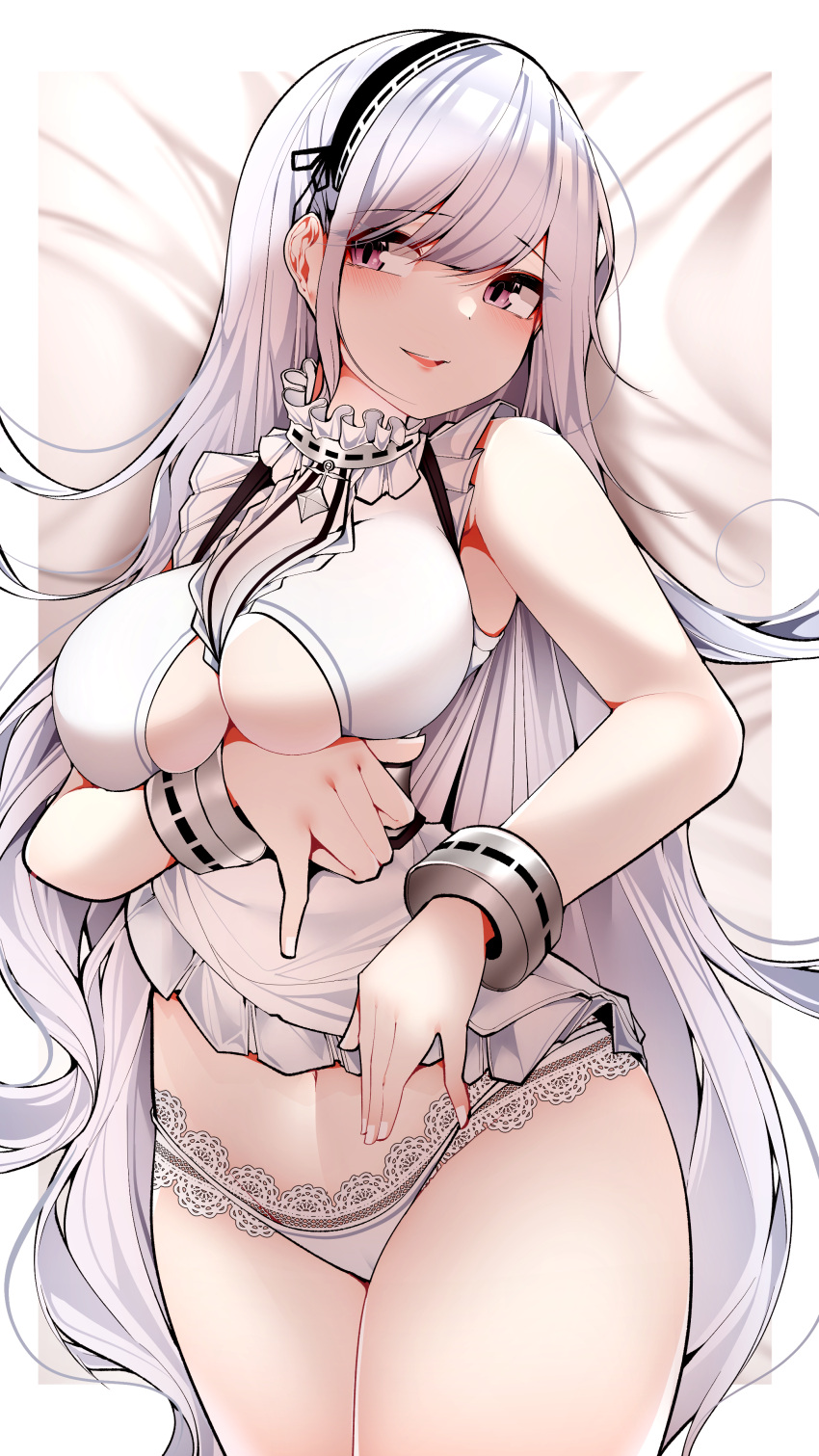 1girl absurdres azur_lane breasts center_frills dido_(azur_lane) dress frills highres lace-trimmed_panties lace_trim large_breasts long_hair nail_polish panties pink_eyes samip sleeveless solo underboob underwear very_long_hair white_dress white_hair white_nails
