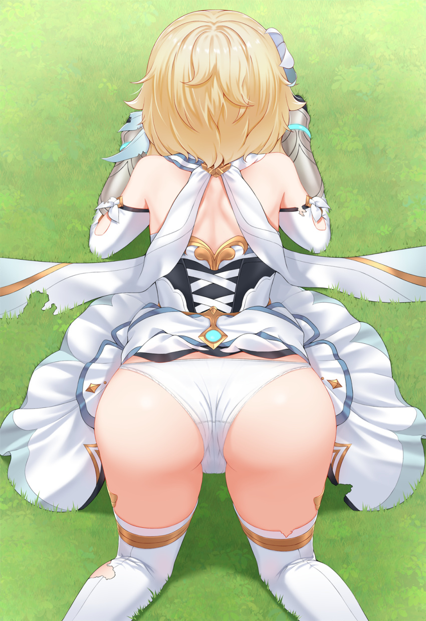 1girl all_fours ass bare_shoulders clothes_lift commentary_request day dress dress_lift feet_out_of_frame gauntlets genshin_impact grass hajika highres lumine_(genshin_impact) on_grass outdoors panties solo thighhighs underwear white_dress white_legwear white_panties white_sleeves