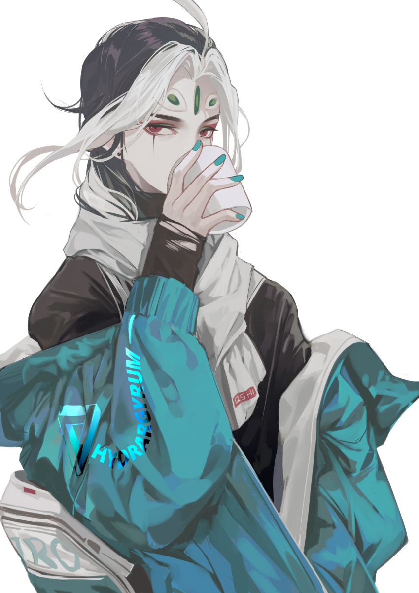 1boy absurdres alternate_costume alternate_hairstyle black_hair blue_hair blue_nails burusiji cup drink eyeshadow fate/grand_order fate_(series) forehead_jewel highres holding holding_cup jacket light_blue_jacket long_hair long_sleeves looking_at_viewer makeup male_focus multicolored_hair open_clothes open_jacket red_eyes red_eyeshadow scarf shi_huang_di_(fate) simple_background solo two-tone_hair upper_body very_long_hair white_background white_hair white_scarf