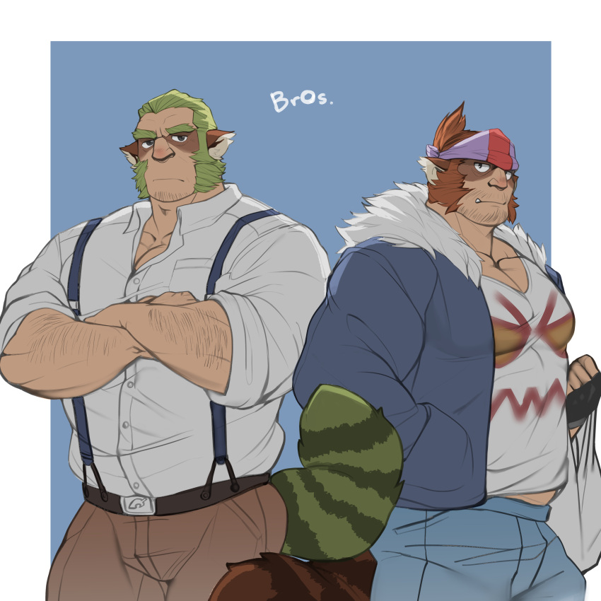 2boys absurdres animal_ears arm_hair bara beard belt braid braided_beard brown_hair facial_hair furry furry_male glensaru green_hair headband highres jacket long_beard looking_at_viewer male_focus mature_male multiple_boys muscular muscular_male original pants pectoral_cleavage pectorals raccoon_ears raccoon_tail shirt tail text_focus thick_eyebrows tight