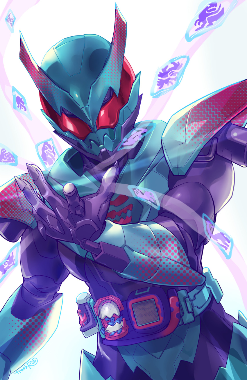 1boy absurdres armor barid_rex bird blue_armor bodysuit brachiosaurus clenched_hand cowboy_shot eagle finishing_move gloves glowing glowing_eyes highres huujyu jackal kamen_rider kamen_rider_revi kamen_rider_revice lion male_focus mammoth megalodon pink_horns praying_mantis purple_gloves red_eyes sharp_teeth stamp_mark teeth tyrannosaurus_rex white_background