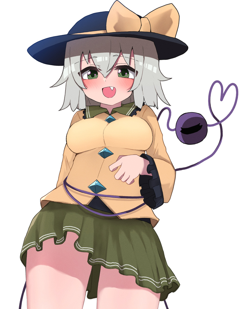 1girl absurdres bangs black_headwear blouse blush breasts buttons collared_blouse cowboy_shot diamond_button eyeball eyebrows_visible_through_hair fang frilled_shirt_collar frilled_sleeves frills green_eyes green_skirt grey_hair hair_between_eyes hat hat_ribbon heart heart_of_string highres komeiji_koishi long_sleeves medium_breasts medium_hair miniskirt open_mouth ribbon simple_background skirt smile solo standing third_eye topadori touhou white_background wide_sleeves yellow_blouse yellow_ribbon