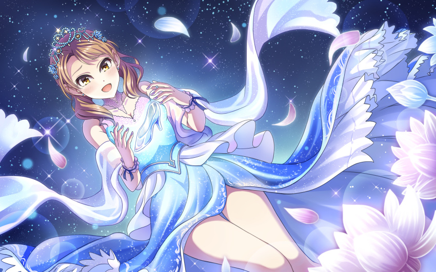 1girl :d absurdres blue_dress blush brown_eyes brown_hair commentary_request dress dutch_angle flower glass_slipper highres hojo_karen idolmaster idolmaster_cinderella_girls nail_polish petals purple_nails short_twintails smile solo sparkle tazu tiara twintails