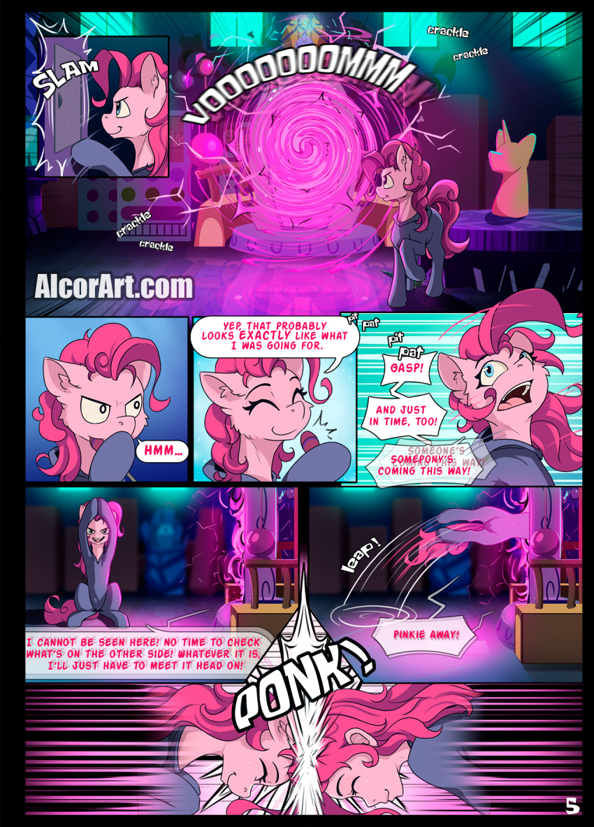 2022 alcor90 clothed clothed_feral clothing comic conditional_dnp dialogue digital_media_(artwork) earth_pony english_text equid equine eyebrows eyes_closed feral friendship_is_magic fur hasbro hi_res horse human mammal my_little_pony open_mouth pink_body pink_fur pinkie_pie_(mlp) pony smile text url